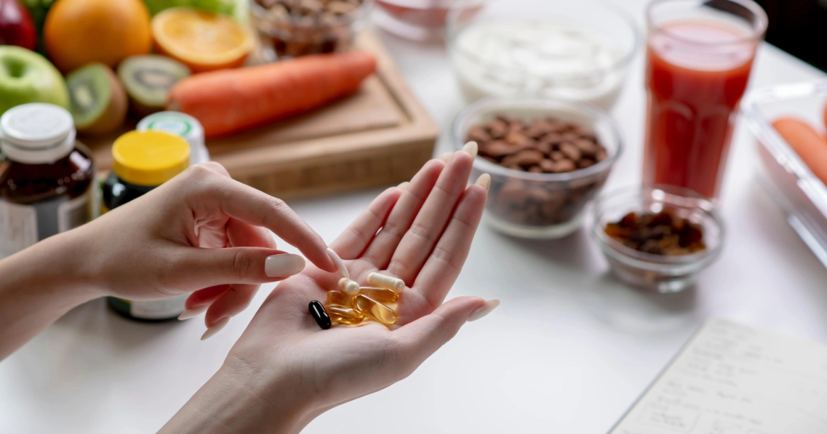 Hand holding anti-aging supplement capsules and softgels in Oceanport, NJ, with fruits, veggies, nuts, and drinks in the background.
