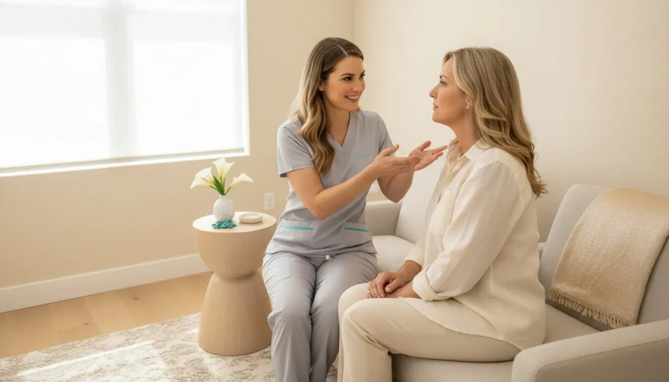 Physician-led body contouring consultation in a bright medical spa