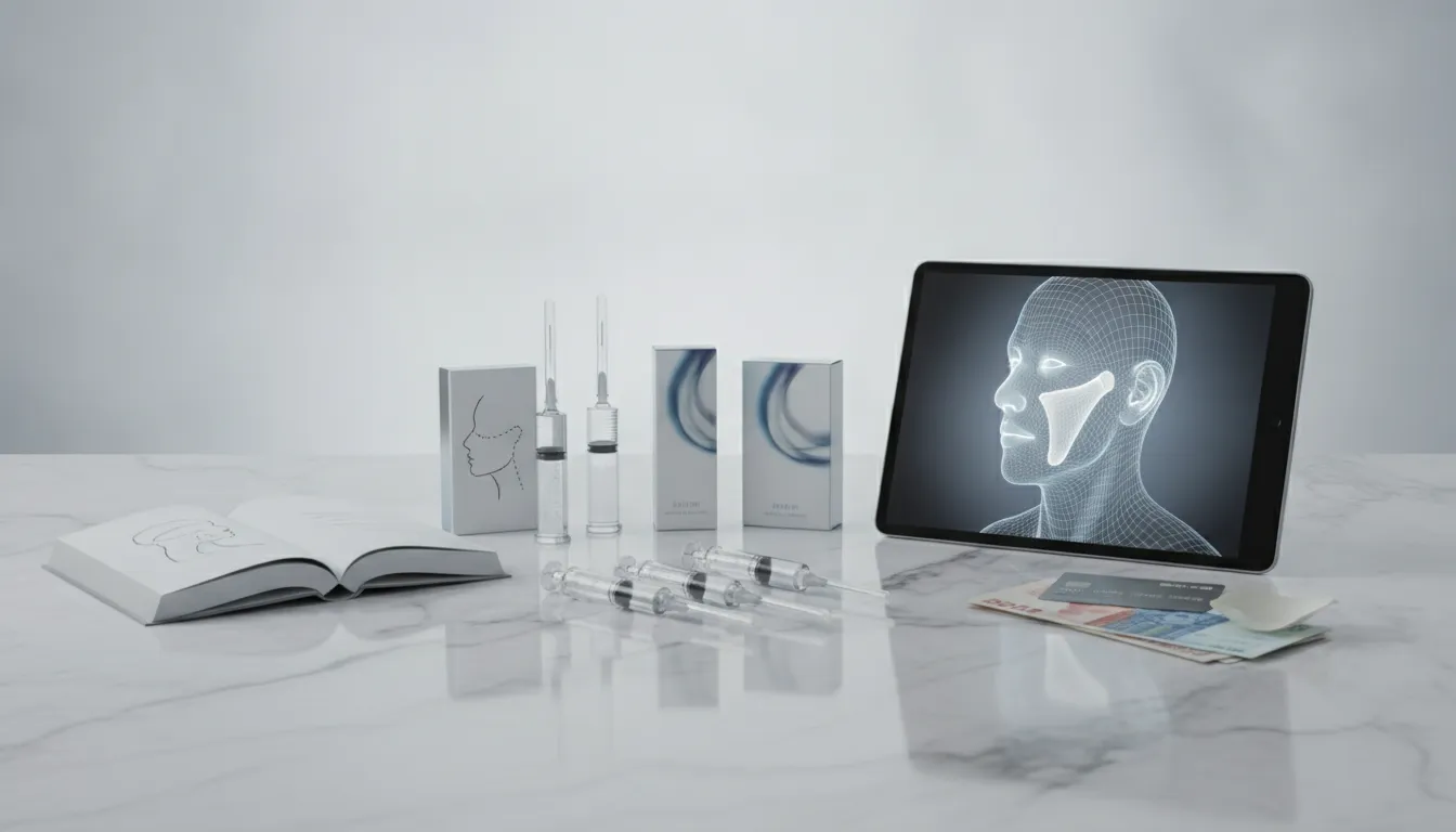 Cheek filler cost with syringes, facial diagram on tablet, and money on marble table.