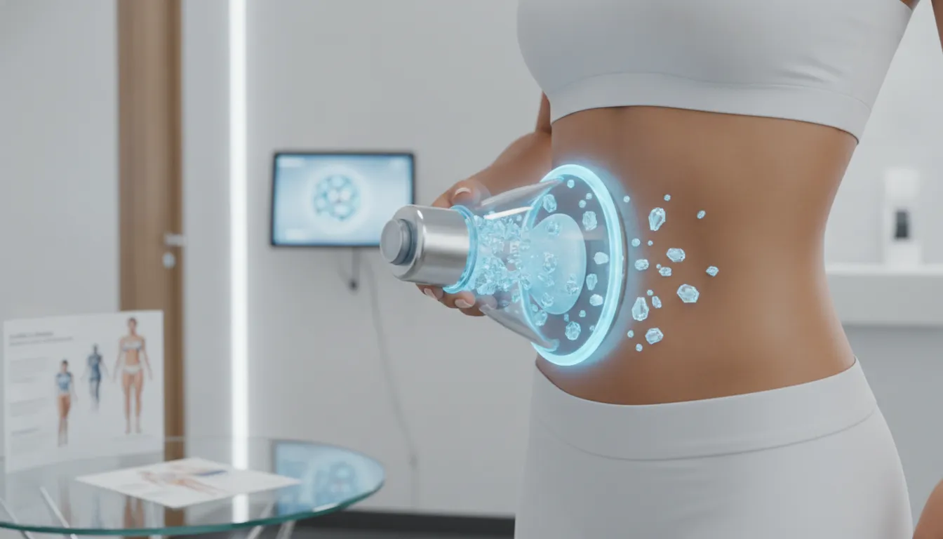 CoolSculpting device applying controlled cooling to abdominal fat for noninvasive body contouring.
