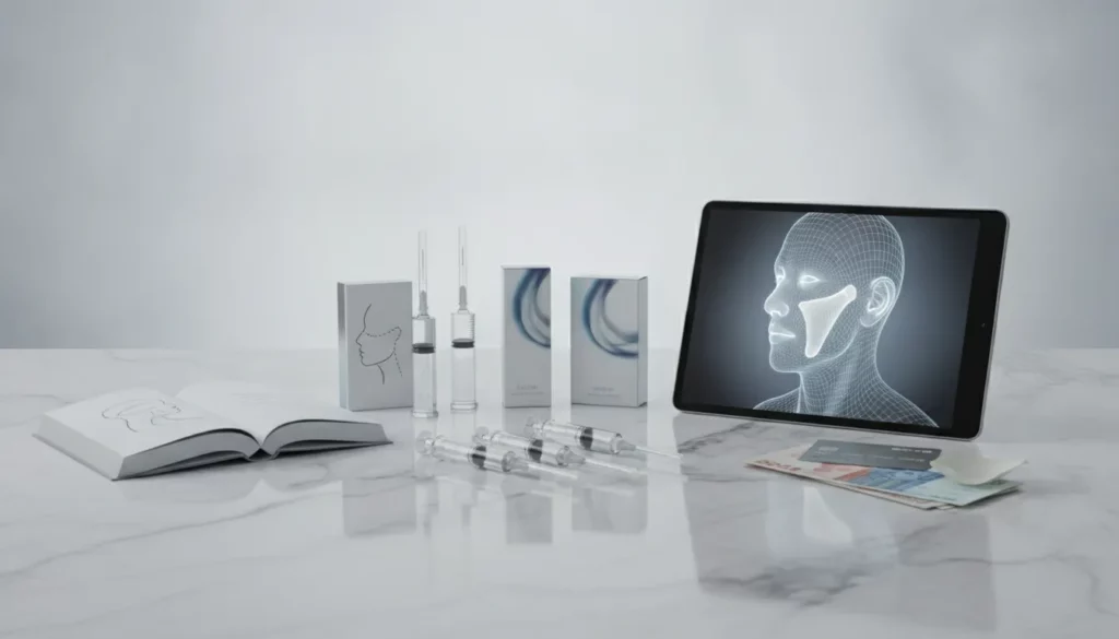 Cheek filler cost with syringes, facial diagram on tablet, and money on marble table.