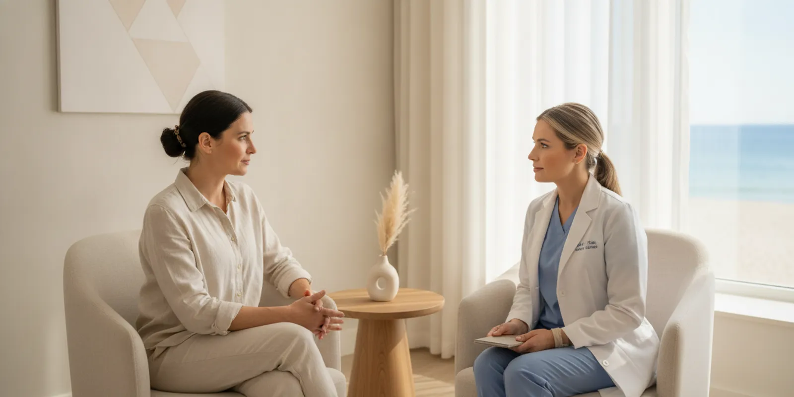 Private consultation about Brazilian laser hair removal in a calm, modern medical spa setting
