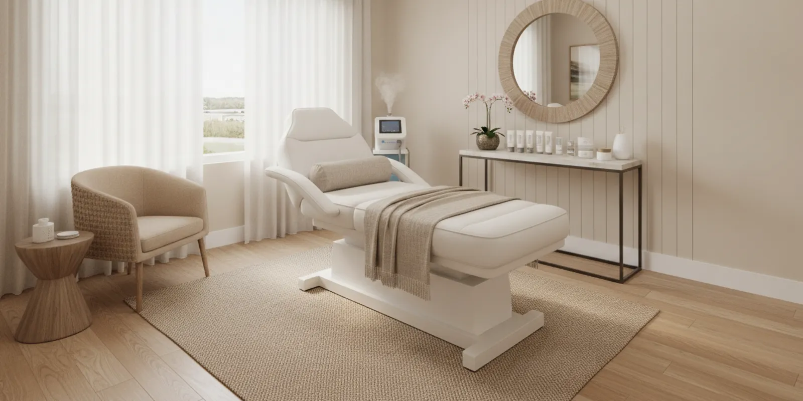 A calm, softly lit medical spa treatment room prepared for a skin consultation