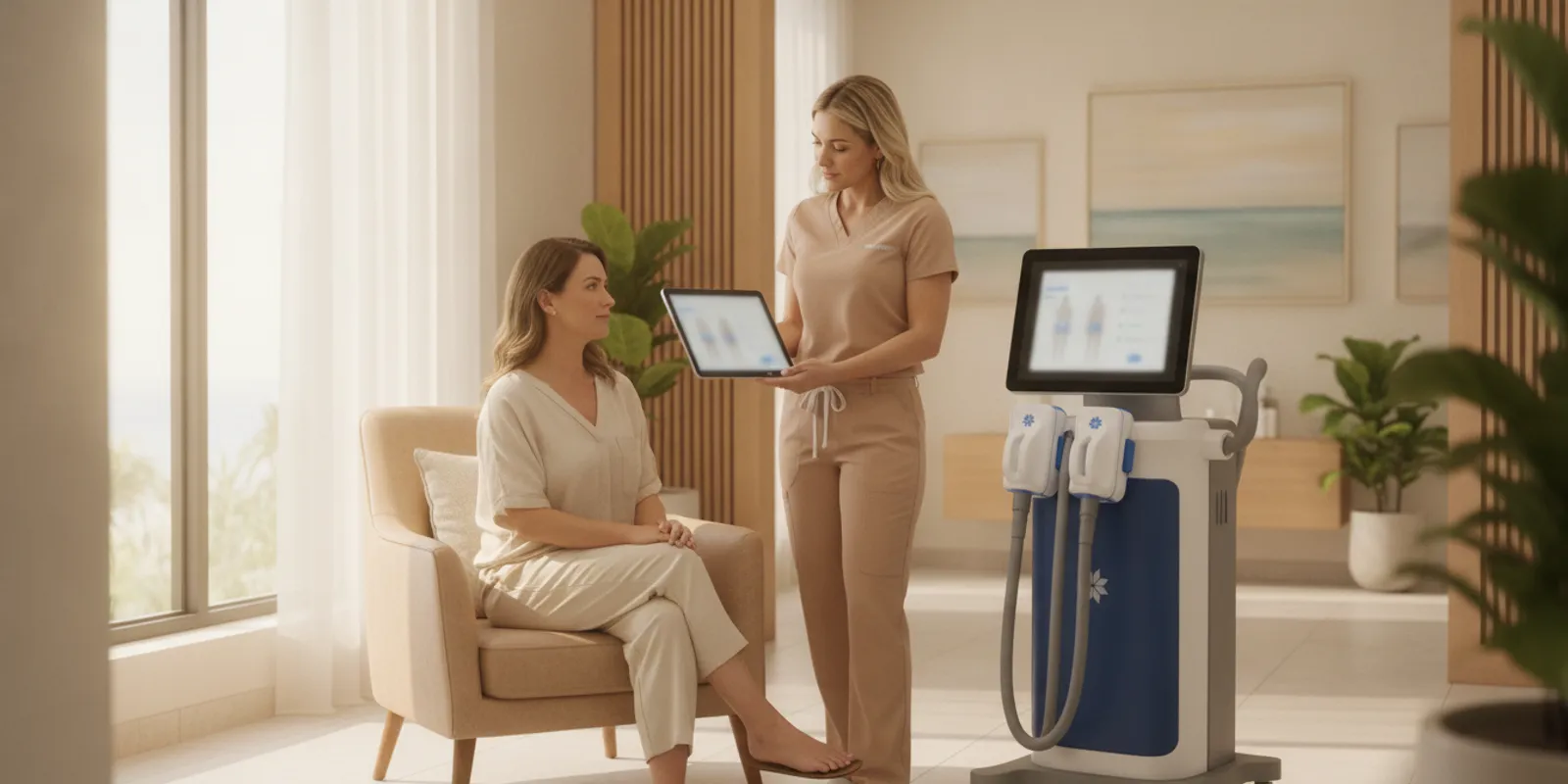 CoolSculpting Elite applicator positioned for a body-contouring consultation in a modern medical spa