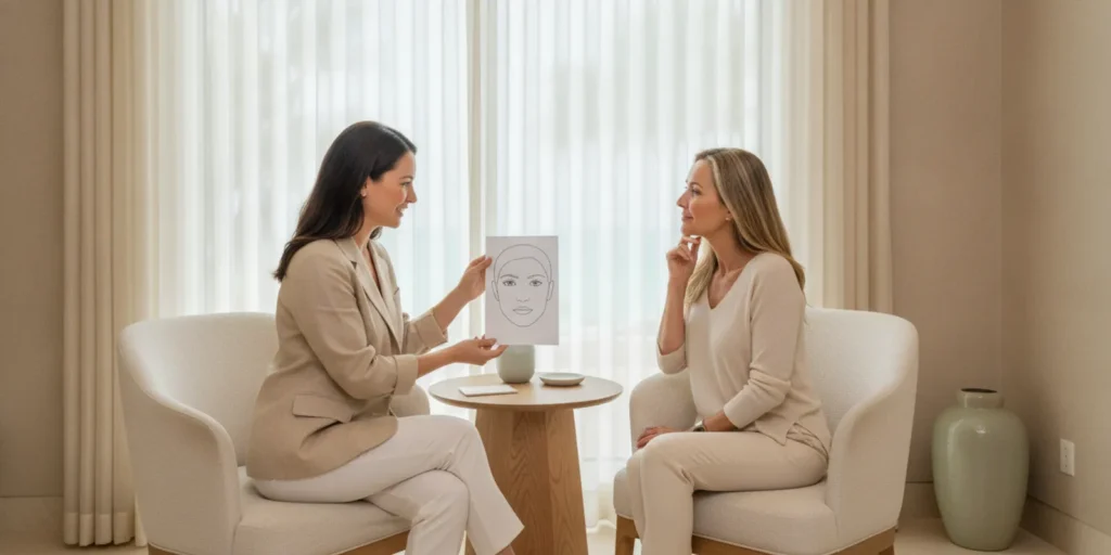 A clinician and patient discussing facial filler treatment options during a consultation