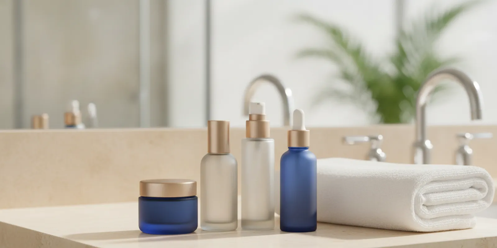 Skin-care products arranged neatly on a bright bathroom counter beside a clean towel