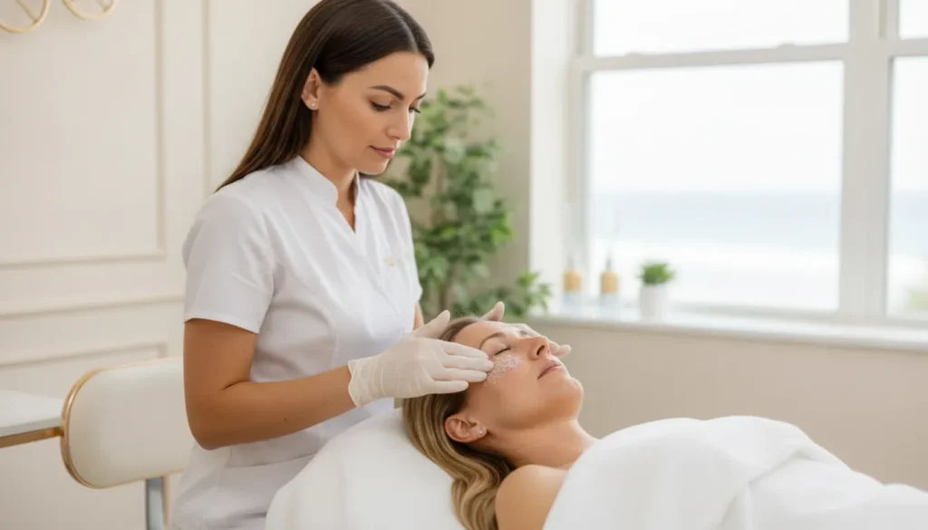 Clinician applying a Salt Facial treatment in a bright medical spa