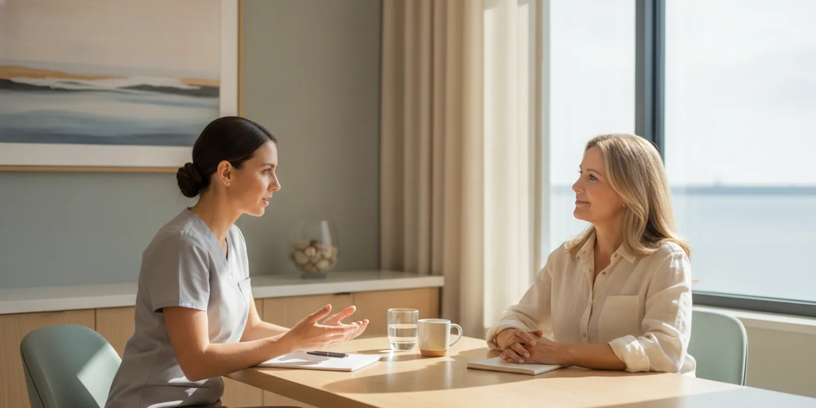 A clinician discusses an aesthetic treatment plan with a patient in a calm, modern consultation room.