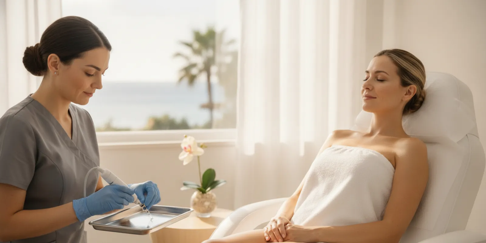 Clinician preparing a patient's facial microneedling treatment in a bright medical spa
